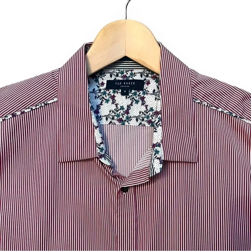 Ted Baker London Pinstripe Burgundy/White Button Down Shirt Men’s XXL - Picture 4 of 10